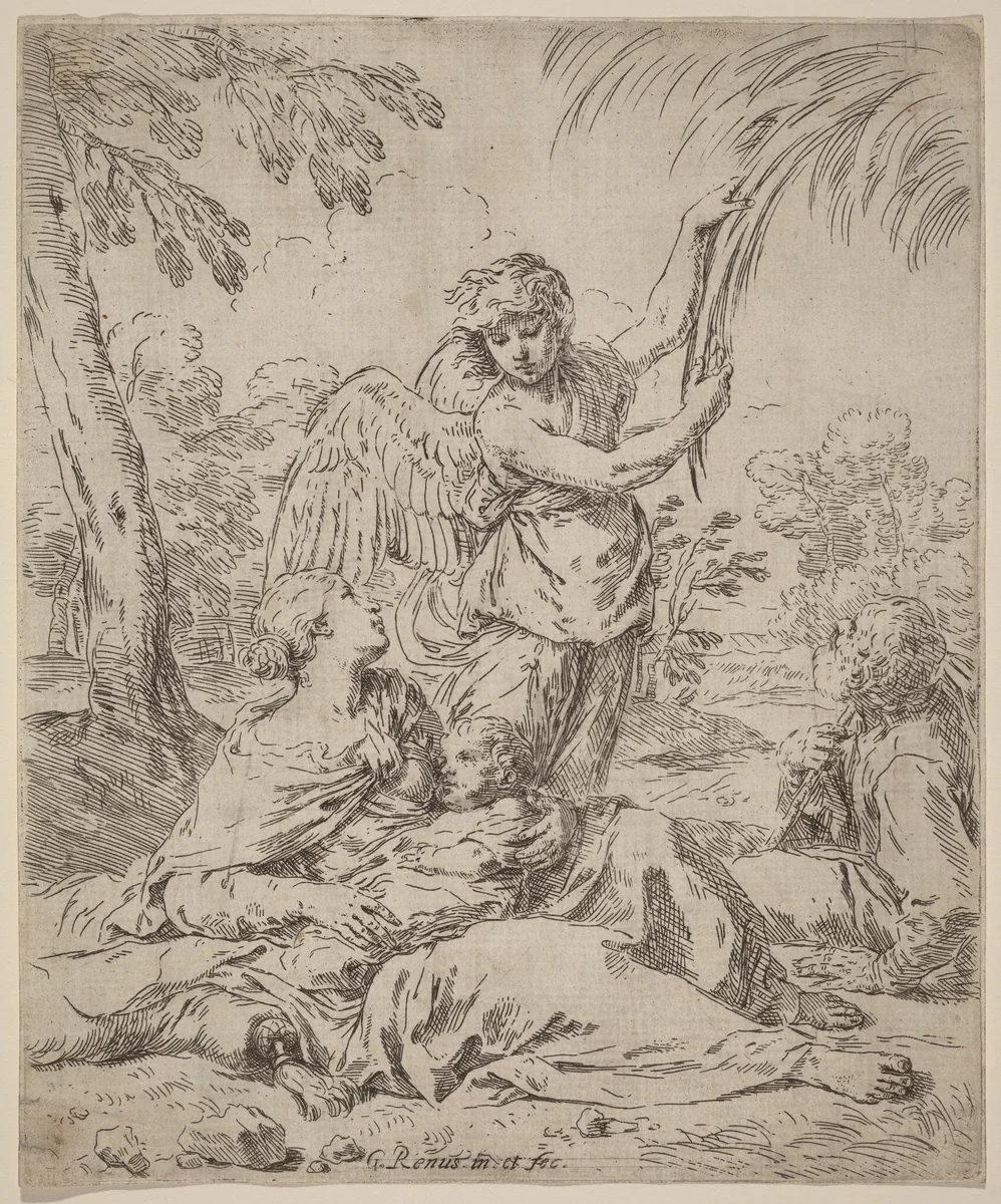 The Rest on the Flight into Egypt by Simone Cantarini, print, 1612-1648