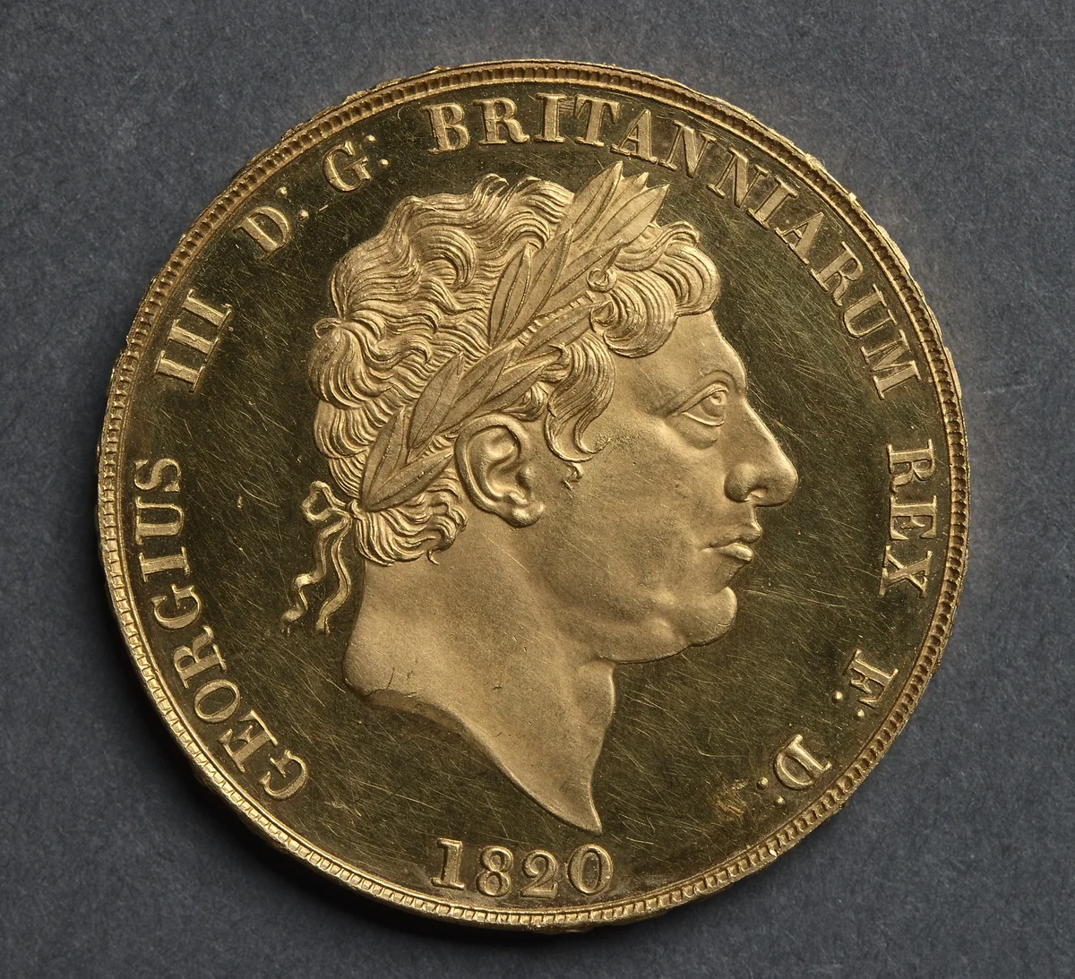 Two Pound Piece: George III (obverse) by Benedetto Pistrucci, metalwork, 1820