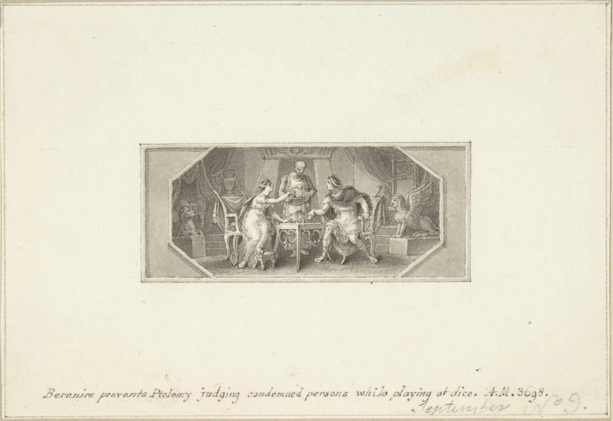 Berenice prevents Ptolemy judging Condemned Persons while playing at Dice by Edward Francis Burney, drawing, 1790-1800