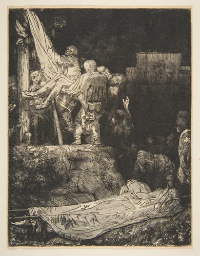 Descent from the Cross by Torchlight by Rembrandt van Rijn, print, 1654
