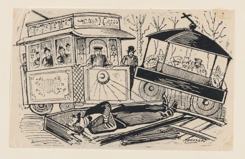 Collision between a trolley and a hearse by José Guadalupe Posada, print, 1875-1885