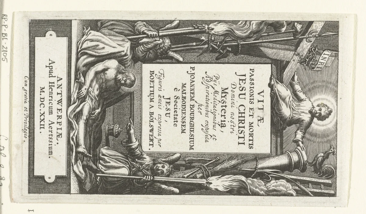 Omlijsting voor titel met Christuskind en dode Christus en engelen bij passiewerktuigen by Unknown, print, 1590-1622