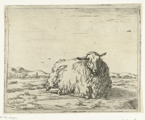Rustend schaap, van voren gezien by Marcus de Bye, print, 1657