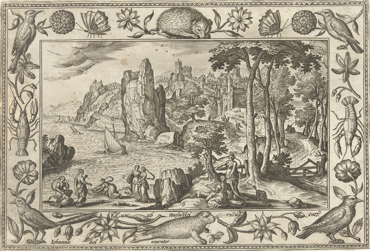 Mozes wordt gevonden door de dochter van farao by Unknown, print, 1582-1586