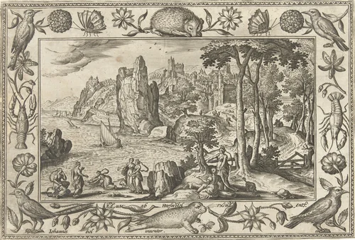 Mozes wordt gevonden door de dochter van farao by Unknown, print, 1582-1586