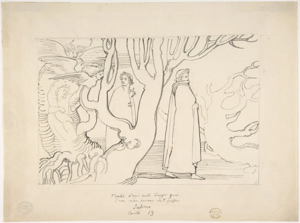 Dante and Virgil in the Suicidal Wood (Inferno, Canto 13, verses 22-23) by John Flaxman, drawing, 1792-1793