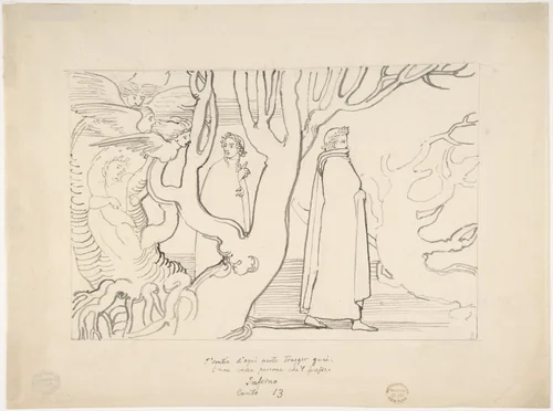 Dante and Virgil in the Suicidal Wood (Inferno, Canto 13, verses 22-23) by John Flaxman, drawing, 1792-1793
