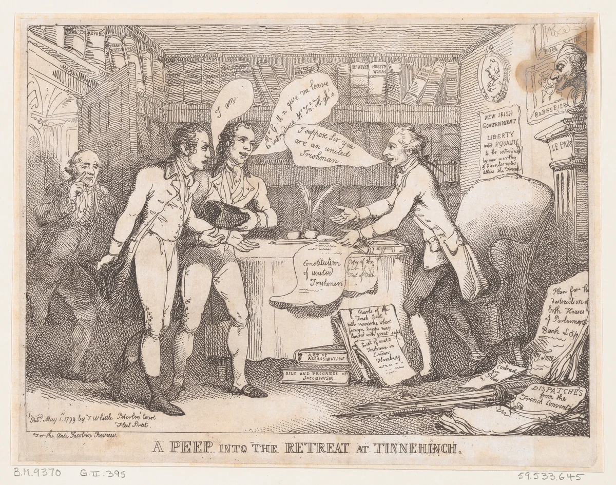 A Peep into the Retreat at Tinnechurch (United Irish) by Thomas Rowlandson, print, 1799