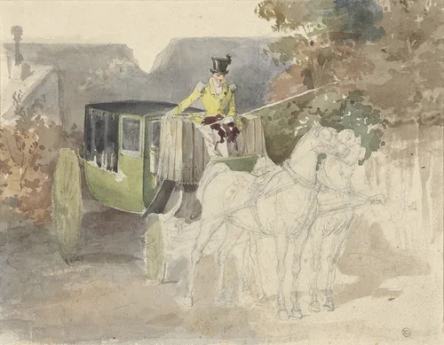 Coupétje met twee paarden, in bosrijke omgeving by Eugène Louis Lami, drawing, 1810-1890