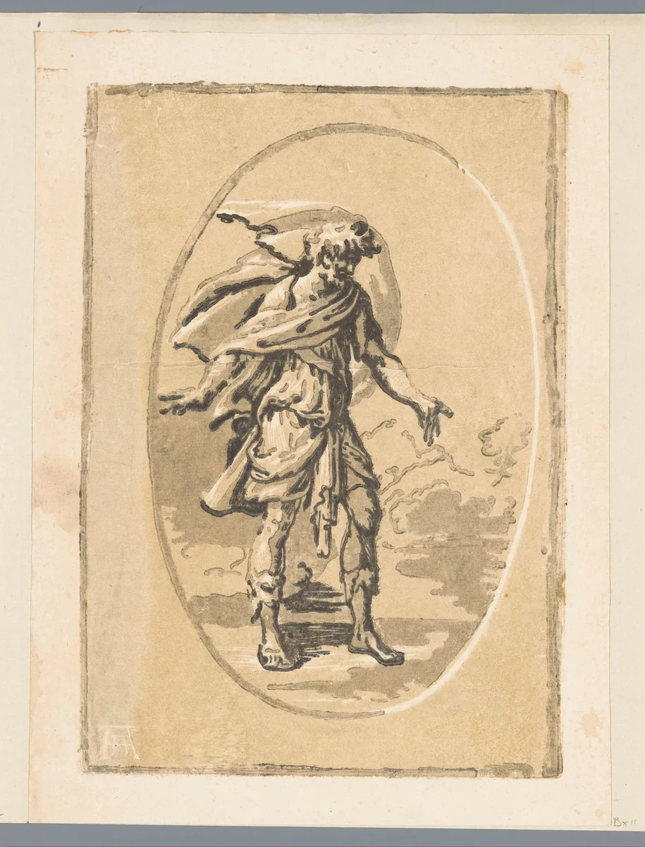 Man met gespreide armen in een landschap by Unknown, print, 1502-1532