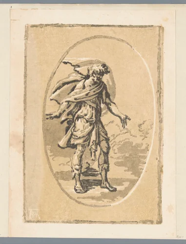 Man met gespreide armen in een landschap by Unknown, print, 1502-1532