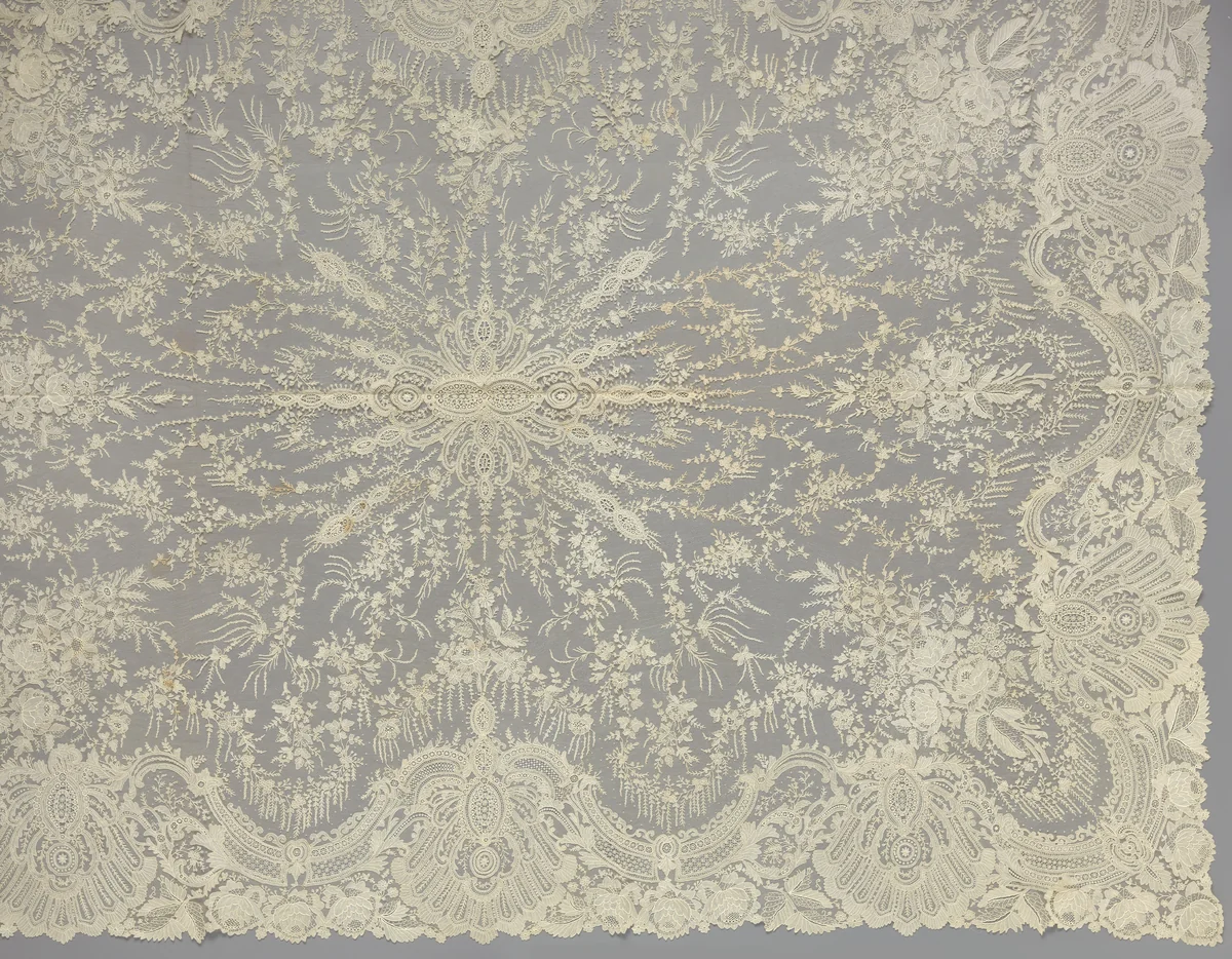 Kleed of sprei van naaldkant met een viervoudige ster van spitsovalen by anonymous, textile, 1850-1874