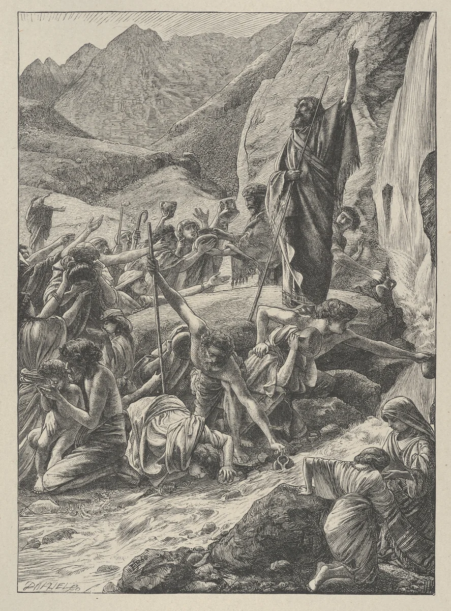Moses Strikes the Rock, from "Dalziels' Bible Gallery" by Edward John Poynter, print, 1865-1881