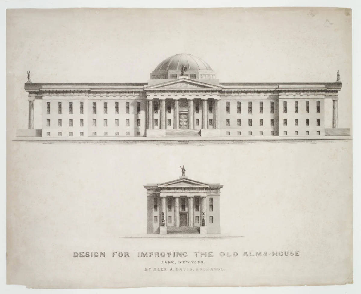 Design for Improving the Old Alm's-House, North Side of City Hall Park, Facing Chambers Street, New York by Anthony Imbert, print, 1828