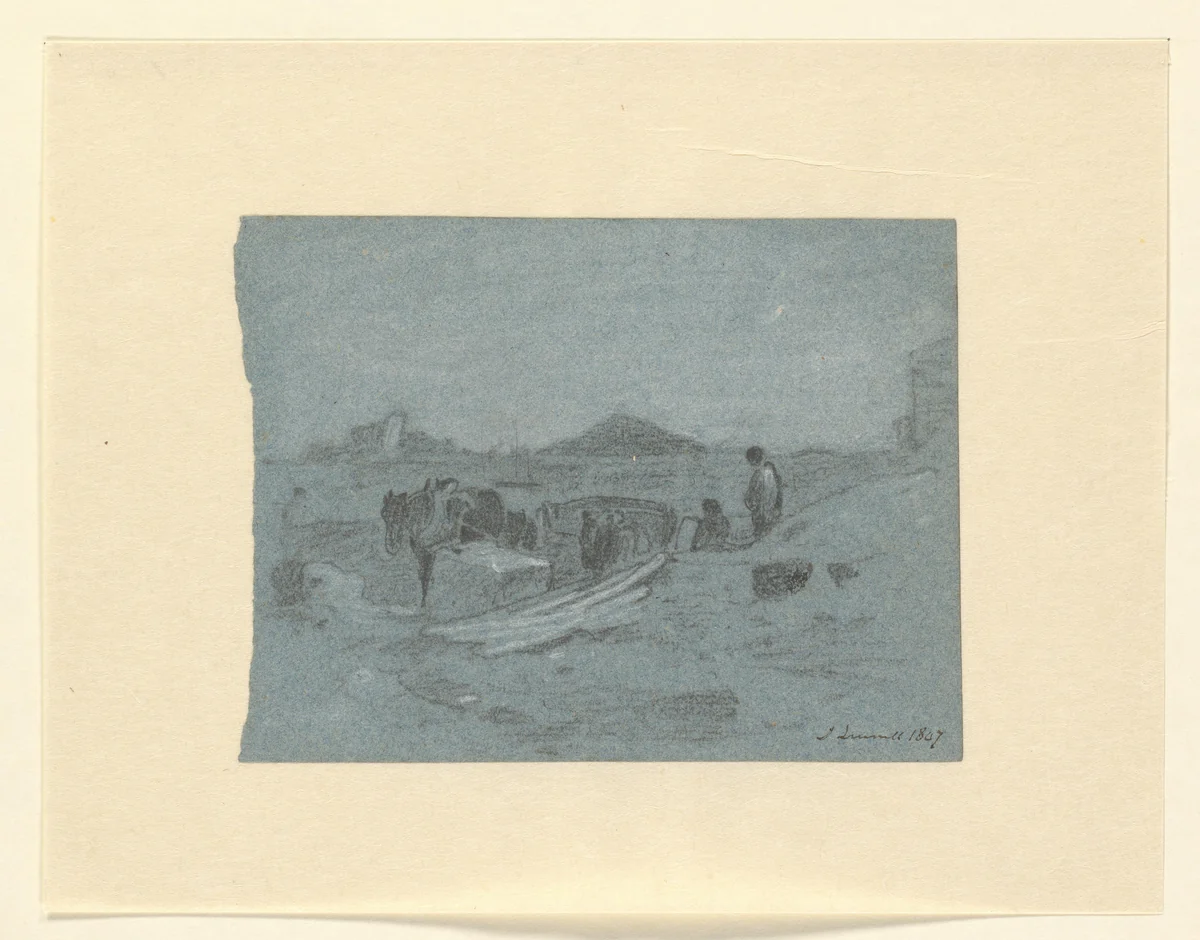 Paard en wagen en werklui op een bouwterrein bij het huidige Russell Square te Londen by John Linnell, drawing, 1807