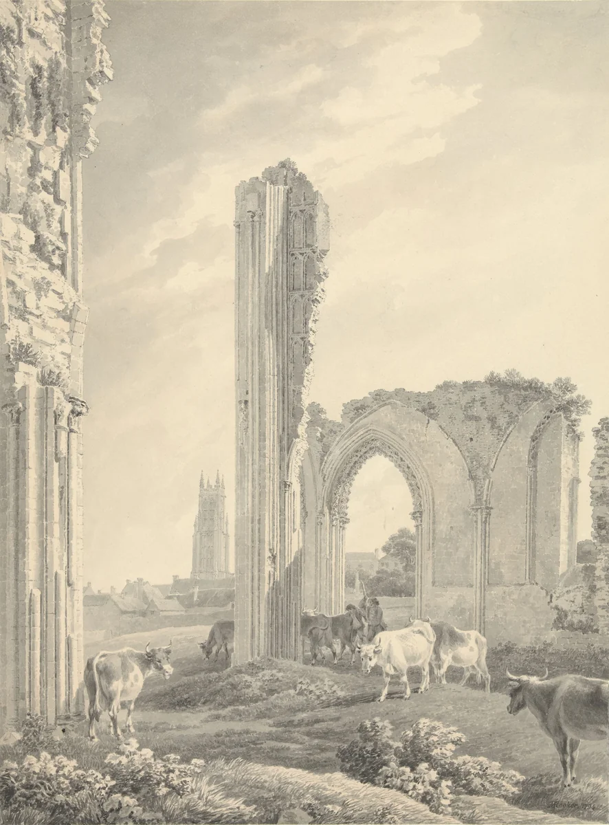Ruïne van Glastonbury Abbey met de toren van St. John op de achtergrond by Michael Angelo Rooker, drawing, 1794