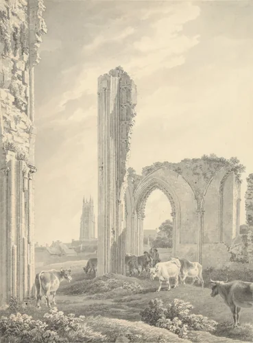Ruïne van Glastonbury Abbey met de toren van St. John op de achtergrond by Michael Angelo Rooker, drawing, 1794