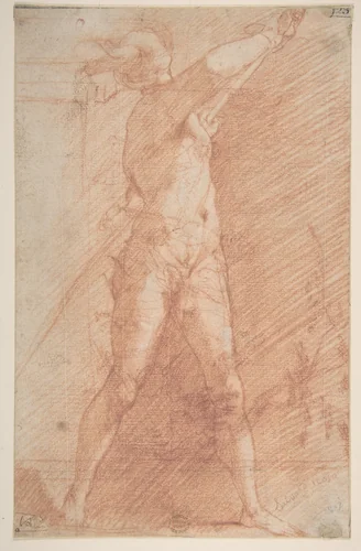 Man Sheathing a Sword by Francesco Montelatici, drawing, 1600-1700
