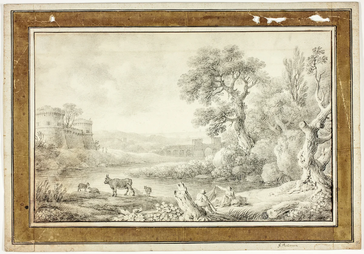 Couple, Bull and Sheep by River with Castles in Background by Gerrit Pietersz. Sweelinck, drawing, 1600-1799