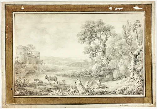 Couple, Bull and Sheep by River with Castles in Background by Gerrit Pietersz. Sweelinck, drawing, 1600-1799