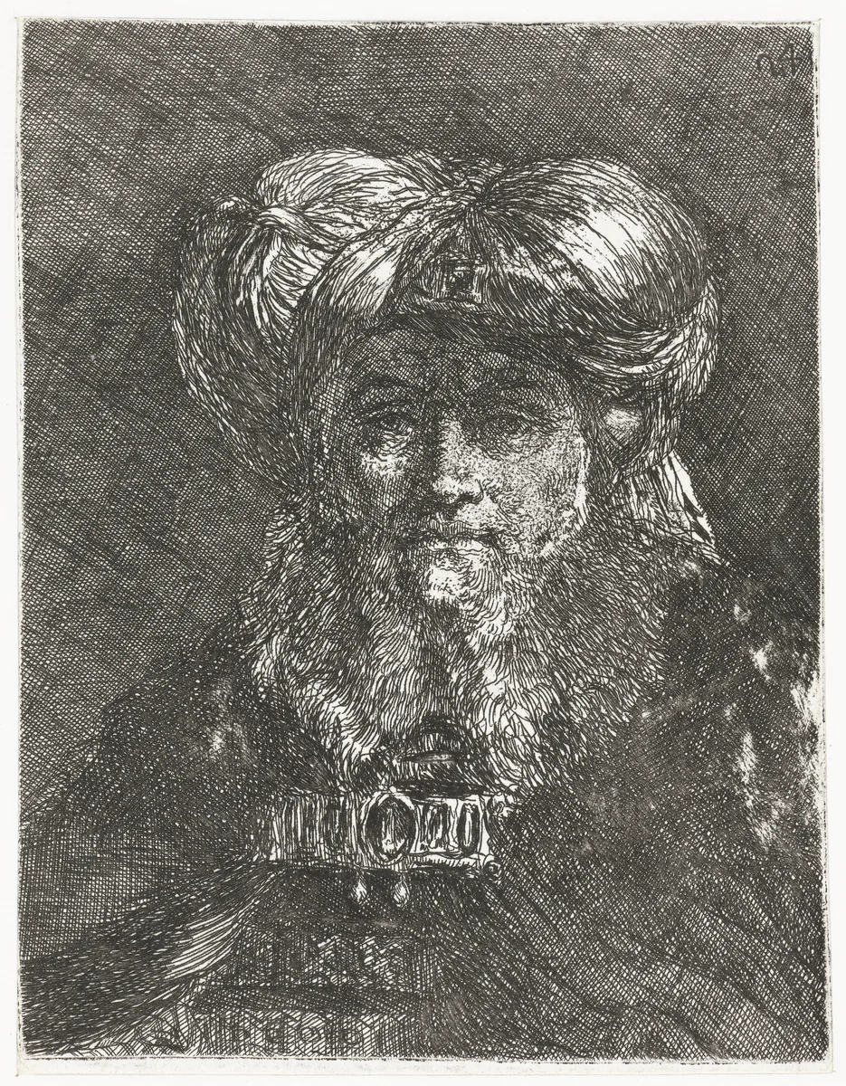 Man met grote tulband by Giovanni Domenico Tiepolo, print, 1756-1757