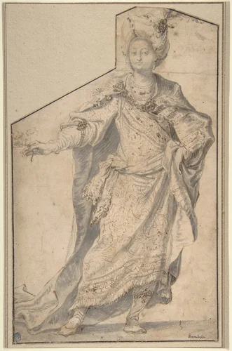 Standing Figure in Oriental Costume by Sebastiano Bombelli, drawing, 1635-1719