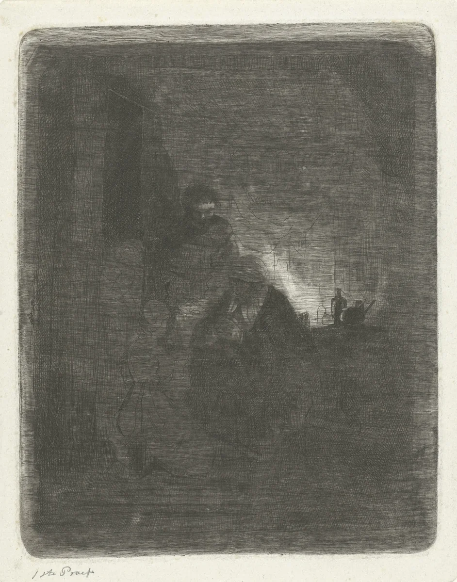 Biddend gezin voor een bedstede by Jacobus Ludovicus Cornet, print, 1825-1882