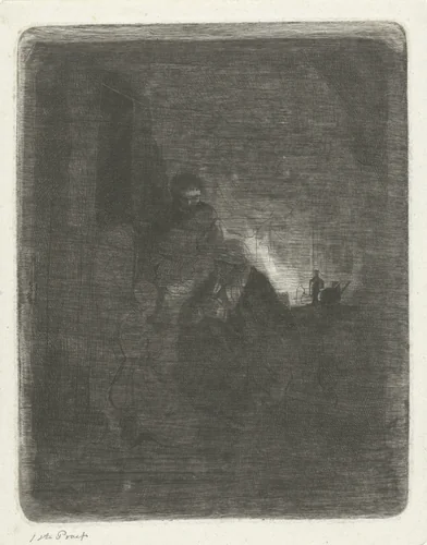 Biddend gezin voor een bedstede by Jacobus Ludovicus Cornet, print, 1825-1882