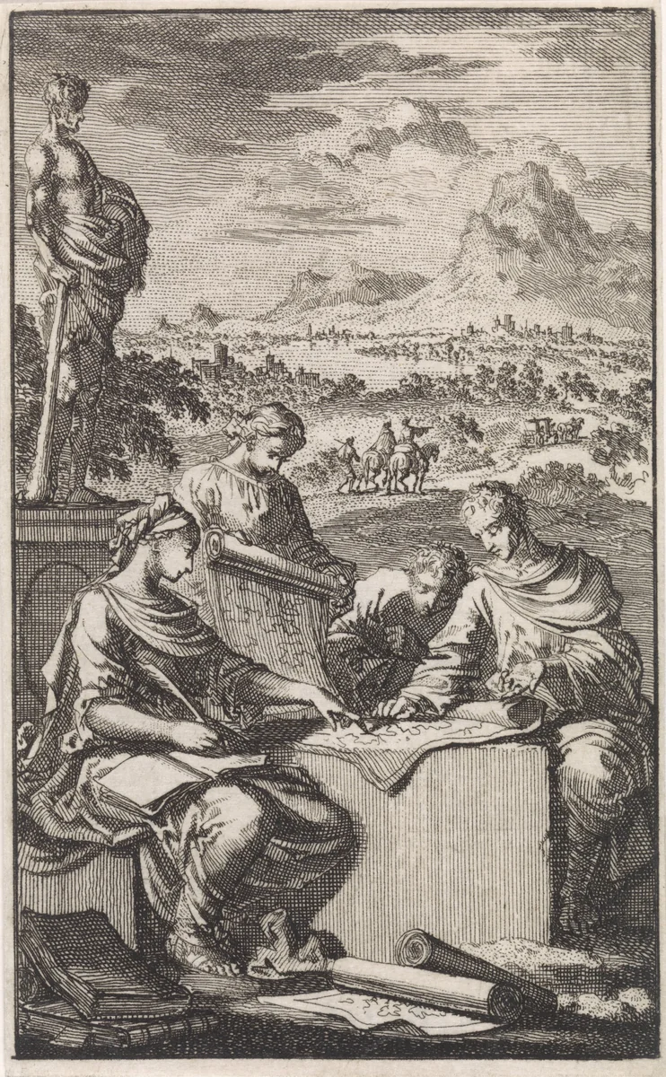 Vier figuren bestuderen een landkaart by Jan Luyken, print, 1703