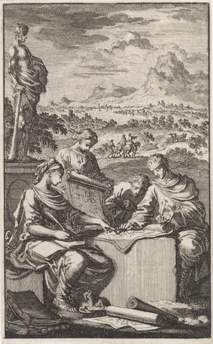 Vier figuren bestuderen een landkaart by Jan Luyken, print, 1703