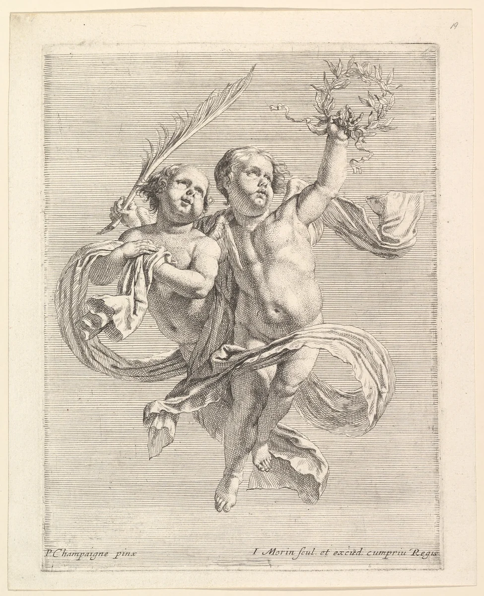 Groupe de deux angelots (regardant vers la droite) by Jean Morin, print, 1605-1650