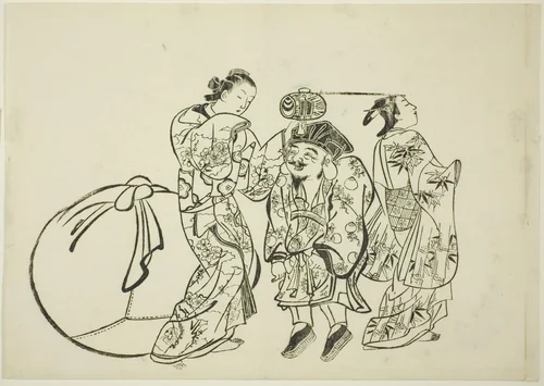 Measuring Daikoku's height, no. 5 from a series of 12 prints by Okumura Masanobu (奥村政信), print, 1703-1713