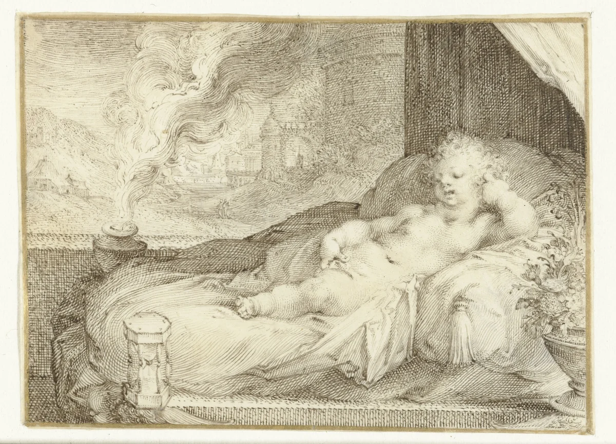 Putto liggend op een bank by anonymous, drawing, 1575-1599
