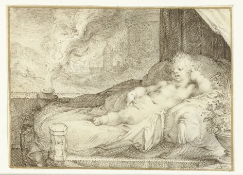 Putto liggend op een bank by anonymous, drawing, 1575-1599