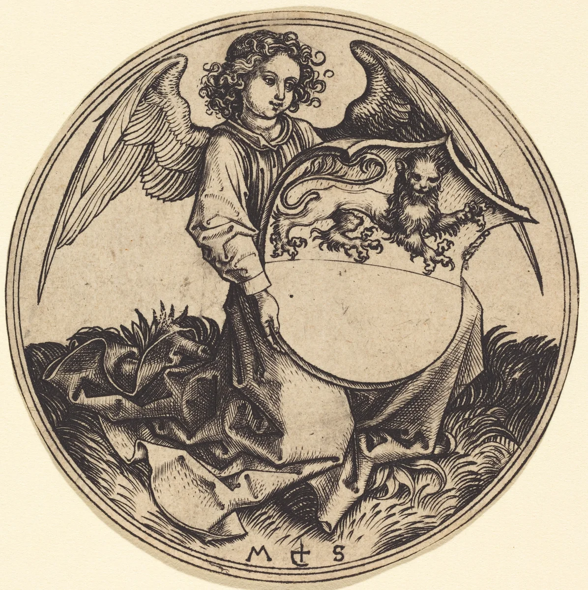 Shield with Lion, Held by Angel by Martin Schongauer, print, 1480-1490