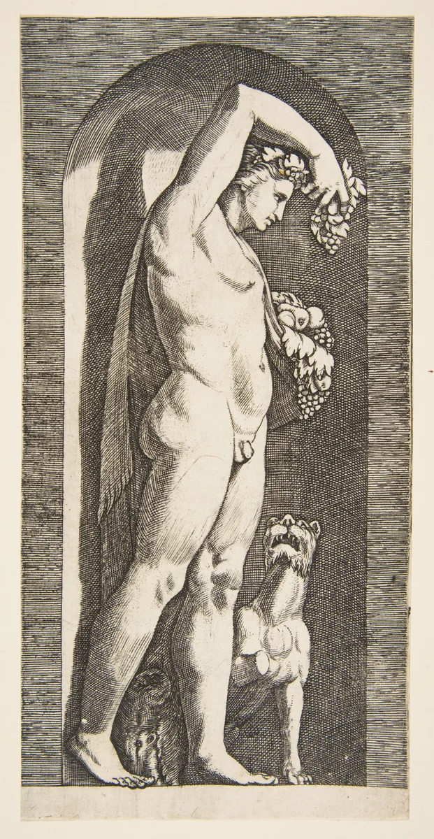 Bacchus standing in a niche holding grapes in his raised right hand, fruit in his left hand, a dog lower right by Marco Dente, print, 1510-1532
