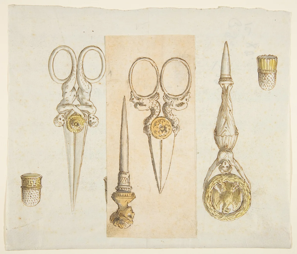 Designs for Scissors, Punches, and Thimbles by anonymous, drawing, 1800-1899