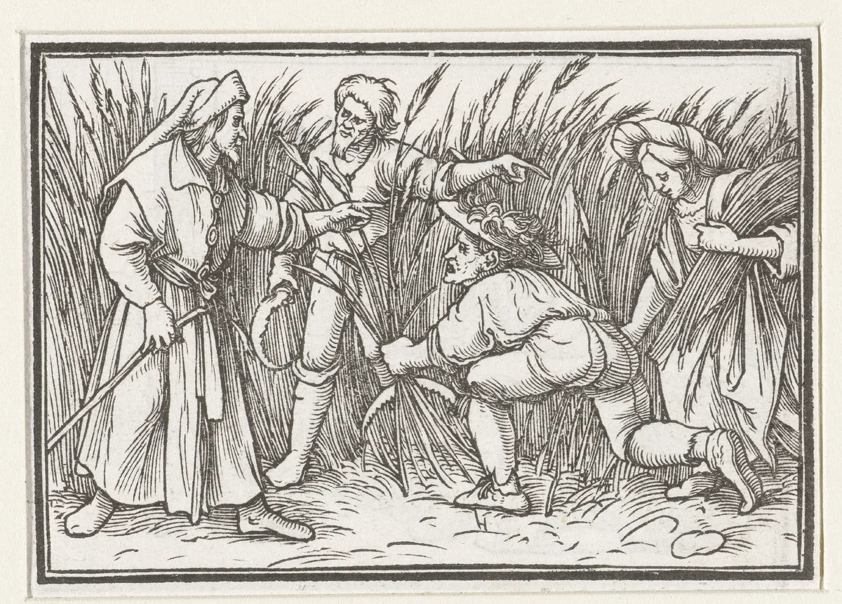 Boaz ontmoet Ruth bij de oogst van gerst by Hans Holbein, print, 1538