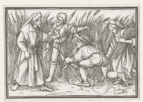 Boaz ontmoet Ruth bij de oogst van gerst by Hans Holbein, print, 1538