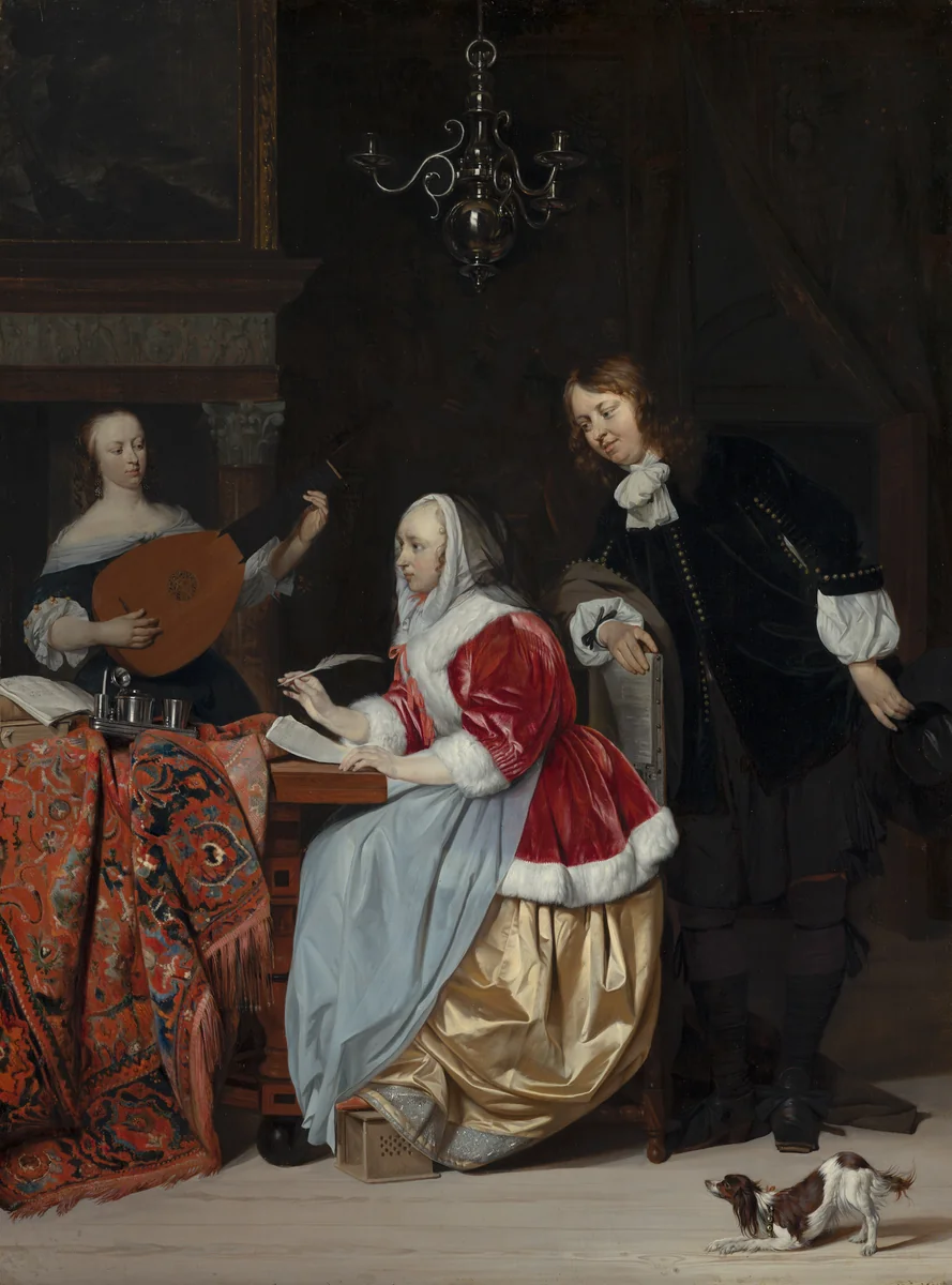A Young Woman Composing a Piece of Music by Gabriel Metsu, painting, 1664