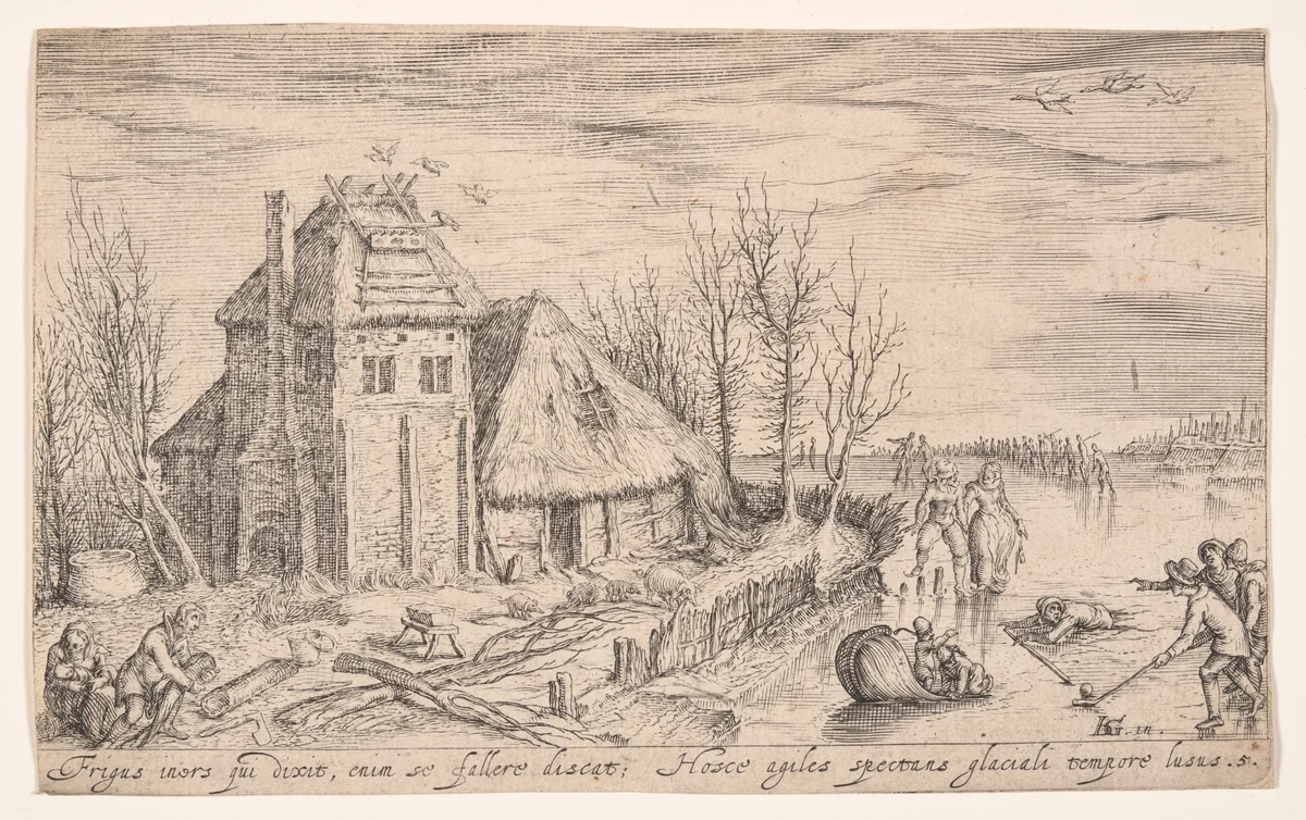 Winter Landscape with Ice Skaters, from Landscapes by Jacques de Gheyn II, print, 1605-1615