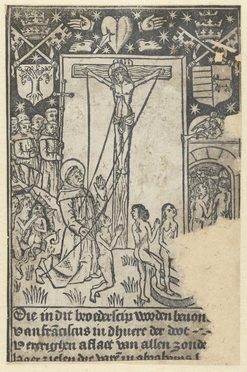 Christus aan het kruis met de heilige Franciscus en het laatste oordeel by anonymous, print, 1490-1510