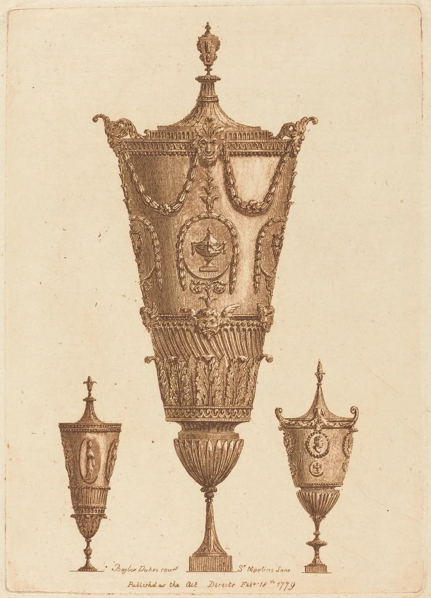 Three Classical Vases, One with Garlands by Patrick Begbie, portfolio, 1779