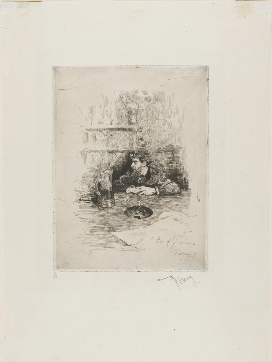 Portrait of Eduardo Zamaçois, Spanish Painter by Mariano Fortuny, print, 1858-1874