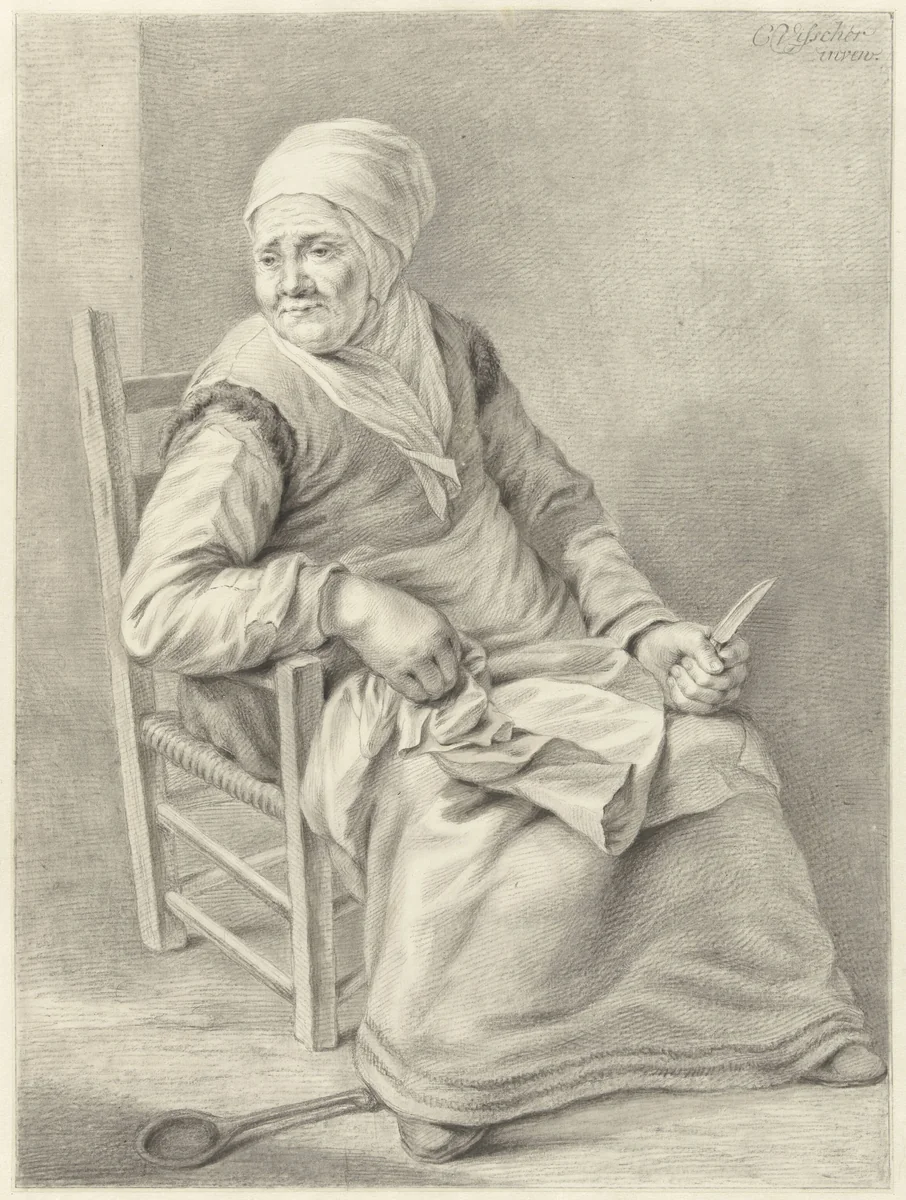 Zittende vrouw met mes by Abraham Delfos, drawing, 1741-1820