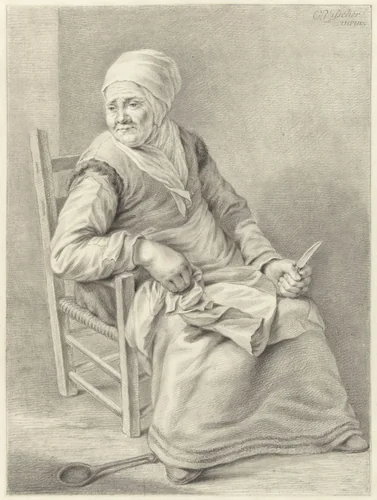 Zittende vrouw met mes by Abraham Delfos, drawing, 1741-1820
