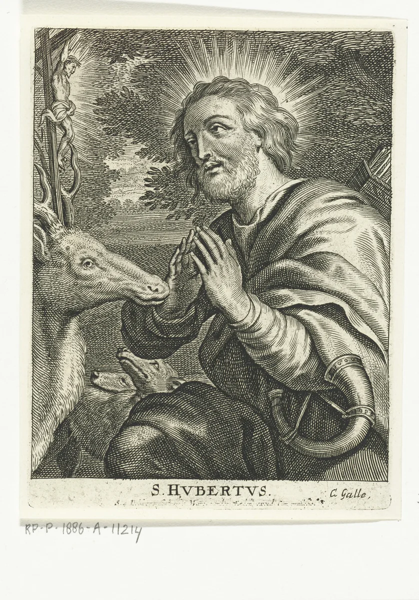 Heilige Hubertus knielt voor hert met crucifix by Schelte Adamsz. Bolswert, print, 1596-1659