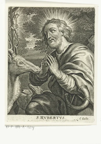 Heilige Hubertus knielt voor hert met crucifix by Schelte Adamsz. Bolswert, print, 1596-1659