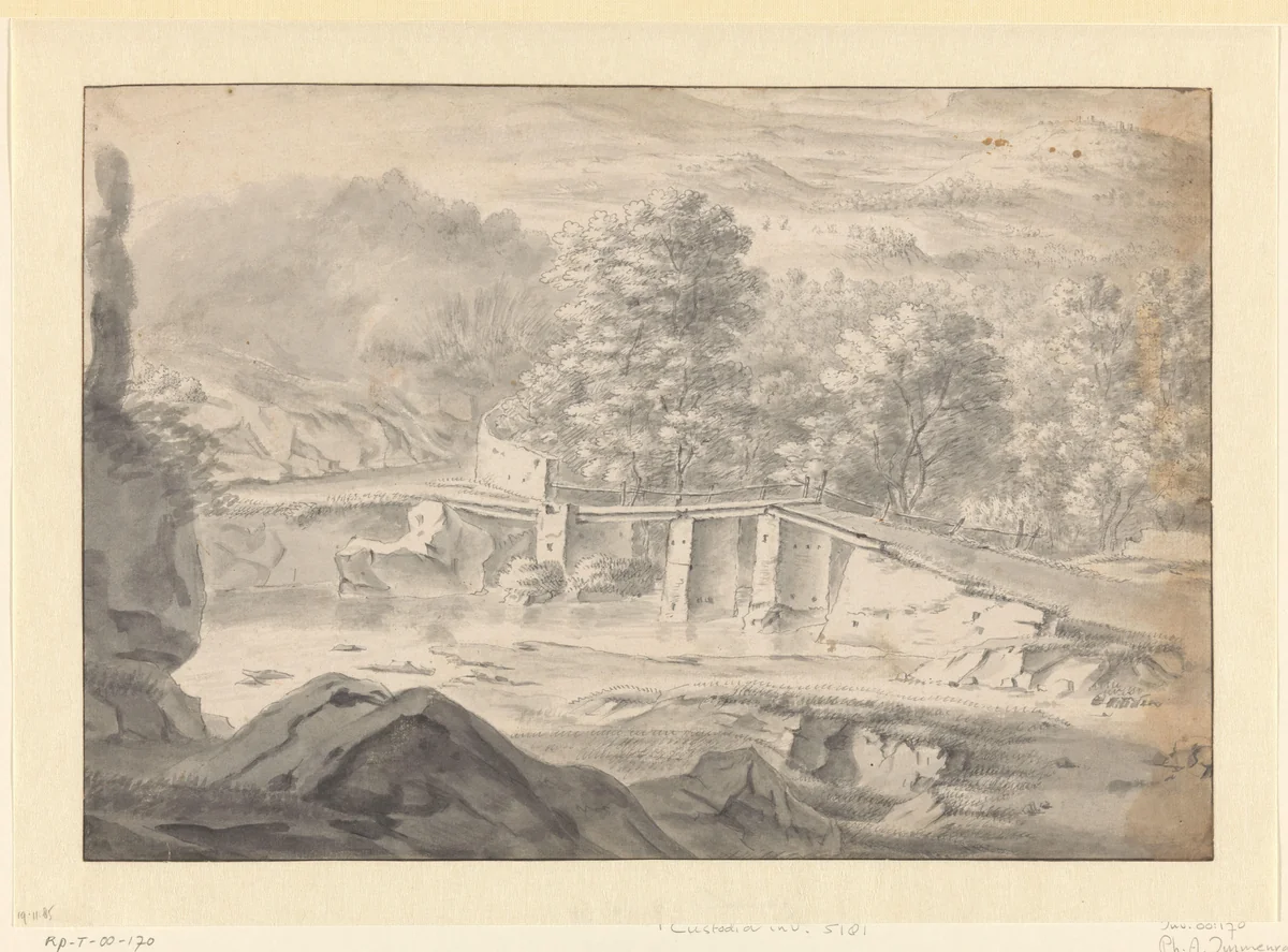 Heuvelachtig landschap met een bruggetje over een rivier by Philips Augustijn Immenraet, drawing, 1637-1679