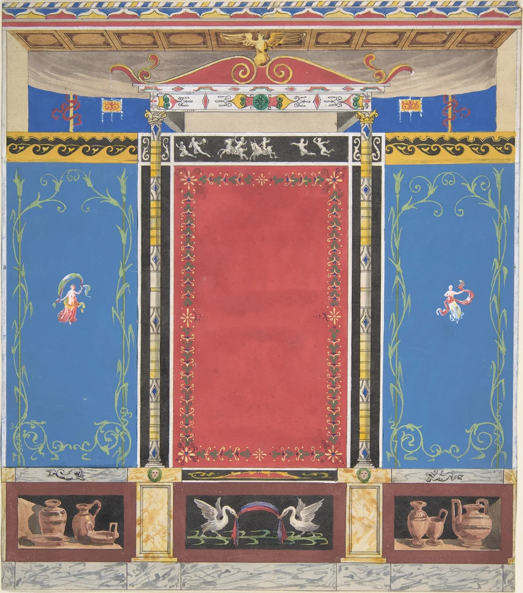 Painted Wall Decor Featuring Thin Column with a Pair of Swans and Trompe L'Oeil Vases at Base by Jules-Edmond-Charles Lachaise, drawing, 1797-1897